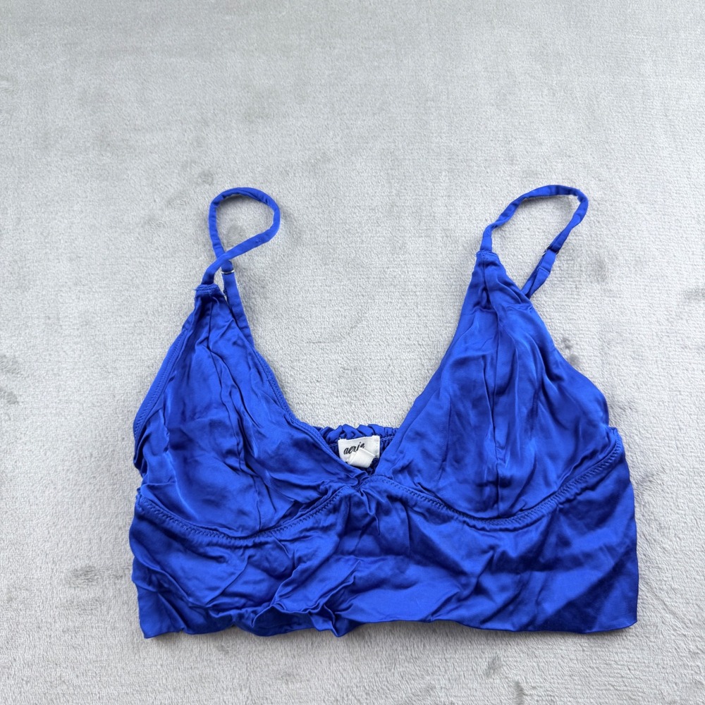 Aerie Women's Medium‎ Blue Satin Smocked Back Bralette Adjustable Straps V-Neck
